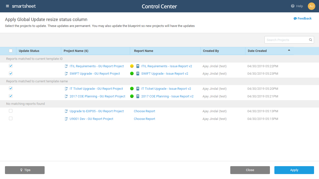 Project Selection in Control Center Global Updates.