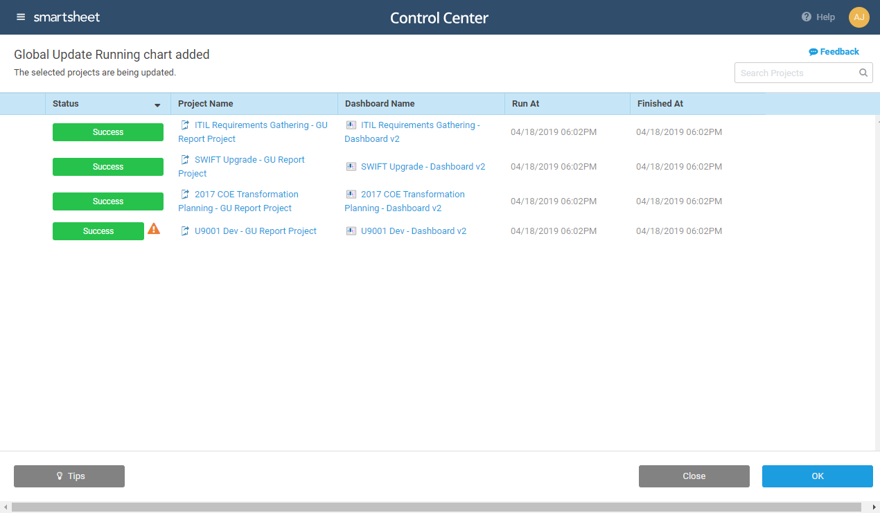 Control Center Global Update Results