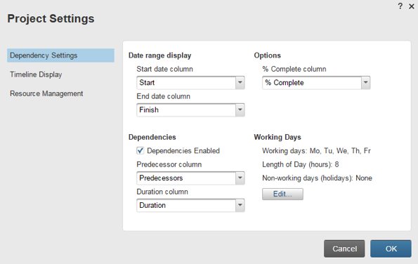 View of the Project Settings window.