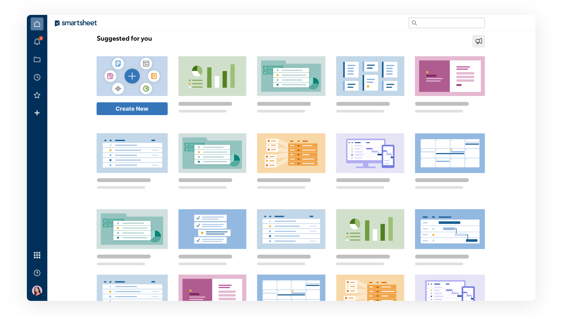 Pantalla de inicio de Smartsheet con varios íconos para las hojas recién abiertas y el panel de navegación izquierdo.