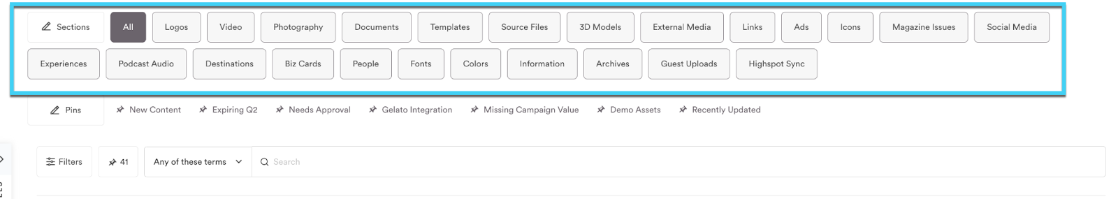 This image shows the sections in a brandfolder.