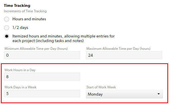 This image shows the adjustable settings for the length of a work week