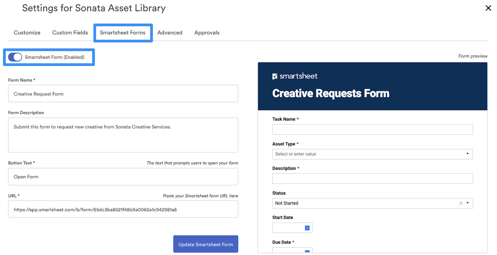 The Brandfolder settings area with the Smartsheet Forms tab selected and Smartsheet forms enabled. The Form name, form description, button text and URL are configured