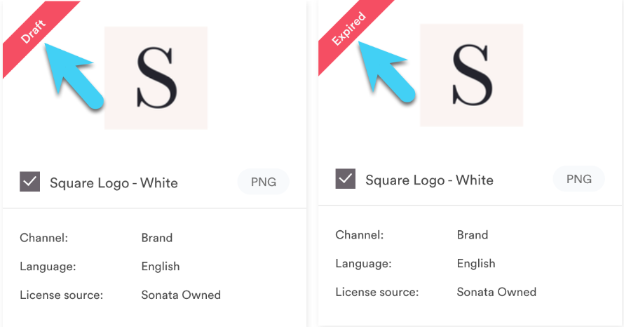 One asset modal showing the draft banner in upper left corner and one asset modal showing an expired banner in the upper left corner.  