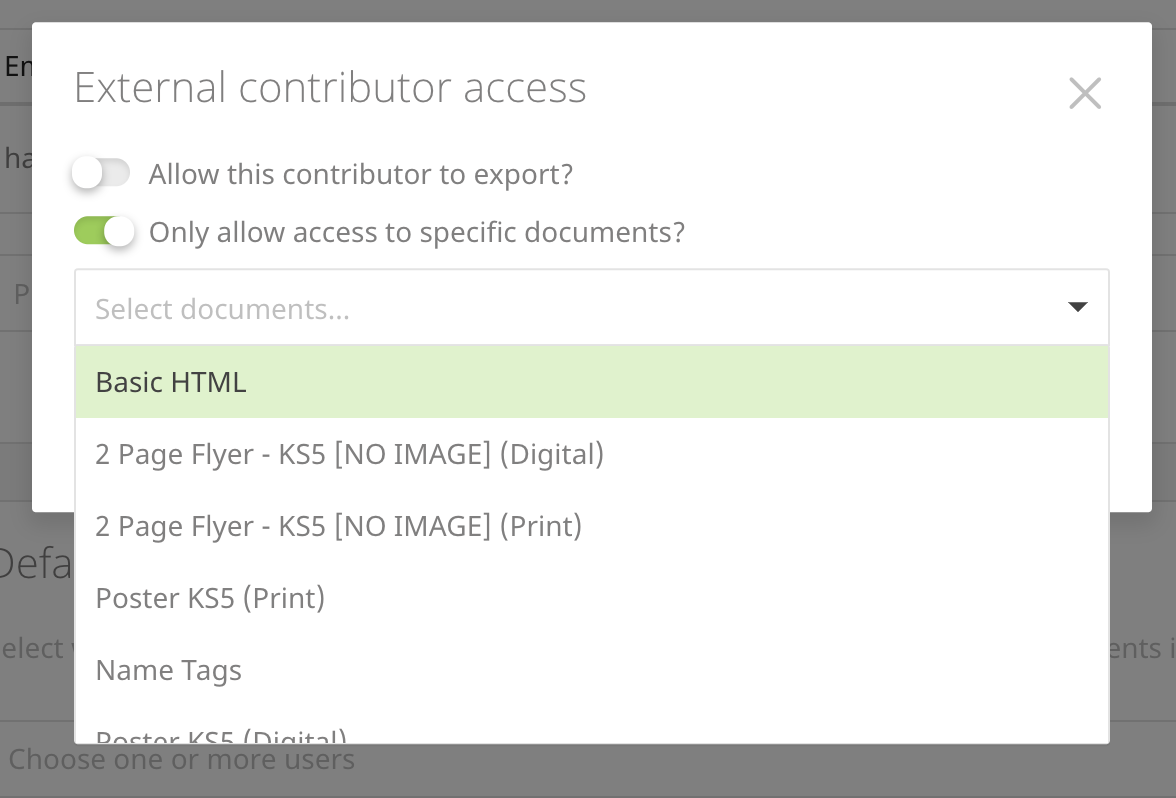 This shows to the two toggles for external contributor settings. 