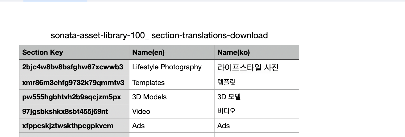 A preview of the CSV file which includes columns for section key, name in first language, name in second language.